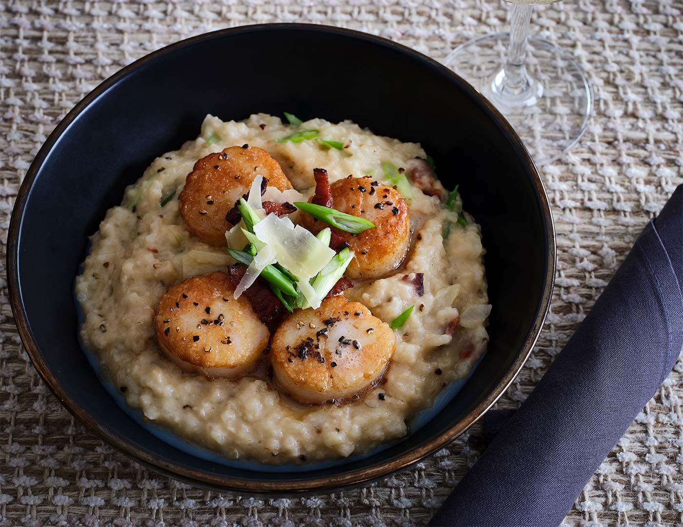 Spring Onion & Local Bacon Risotto with Browned Butter Scallops